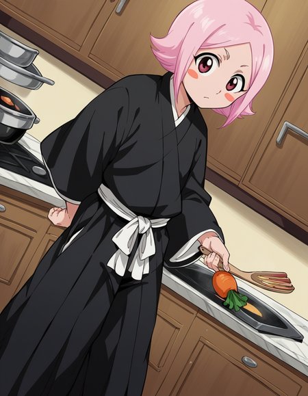 score_9, score_8_up, score_7_up, source_anime, <lora:yachiru-kusajishi-anime-ponyxl-lora-nochekaiser:1>, yachiru kusajishi, short hair, pink hair, pink eyes, blush stickers, forehead,, long sleeves, japanese clothes, hakama, black hakama,, kitchen, cooking, apron, cutting vegetables, home cooking, , , knee forward, arm behind back, foot on tiptoe, solo,, cowboy shot, dutch angle