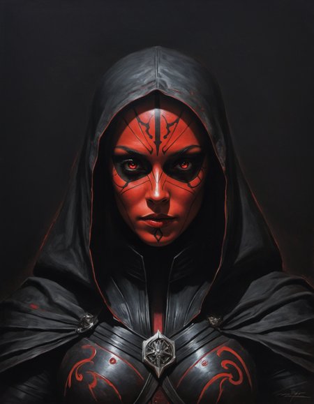 by Leonetto Cappiello,  (truthful but extremely beautiful:1.4), (intricate details, masterpiece, best quality:1.4) , in the style of nicola samori, upper bodyhalf, dynamic pose, 
female ancient sith fighter, Star wars movie style, movie still, dynamic, highly detailed, reminiscent of Star wars movies,, dynamic pose, looking at viewer, glowing red eyes, 
 <lora:add-detail-xl:1> <lora:xl_more_art-full_v1:0.5>  <lora:NicolaSamori:0.7>