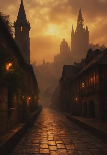 A highly detailed, fantastic digital painting in a medieval fantasy style. The scene depicts a sprawling, ancient medieval city with intricate stone architecture, set in a lush, sunlit valley. The city features tall, pointed towers, archways, and battlements, adorned with ornate carvings and intricate stonework.

The city's grand entrance is flanked by massive wooden gates, reinforced with iron and adorned with elaborate carvings. The cobblestone streets are bustling with activity, where knights in gleaming armor patrol, and merchants sell their wares in colorful market stalls.

The surrounding landscape is verdant and enchanting, with rolling hills, dense forests, and a sparkling river. Magical elements, such as glowing lanterns and mystical creatures, add to the ethereal atmosphere.

The entire scene is bathed in a warm, golden light, casting long shadows and highlighting the rich textures and vibrant colors of the environment.
<lora:add-detail-xl:1>
 <lora:Dynamic Poses:1>
