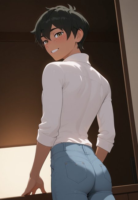 score_9, score_8_up, score_7_up, Masterpiece, Best Quality, beautiful eyes, detailed eyes, male focus, dynamic angle, dim lighting, blush lines, male focus, solo, face focus, back, back view, looking back at viewer, seductive smile, teeth, cowboy shot, standing,

((male)), ((mature)), ((adult)), handsome, sexy, ((skinny)), ((slim)), ((slender)), ((twink)), white shirt, tight blue jeans, small ass,

Oscar P1ne, dark skin, freckles, hazel eyes, black hair, short hair