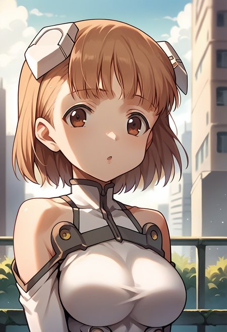 score_9, score_8_up, score_7_up, source_anime, masterpiece, 1girl, ctian0toha, large breasts, brown eyes, unitard, headgear, elbow gloves, grey gloves, upper body, chestnut mouth, tail, outdoors, city, depth of field, sunny, day, looking at viewer,  <lora:Otoha_Sakurano_pony_ct:1>