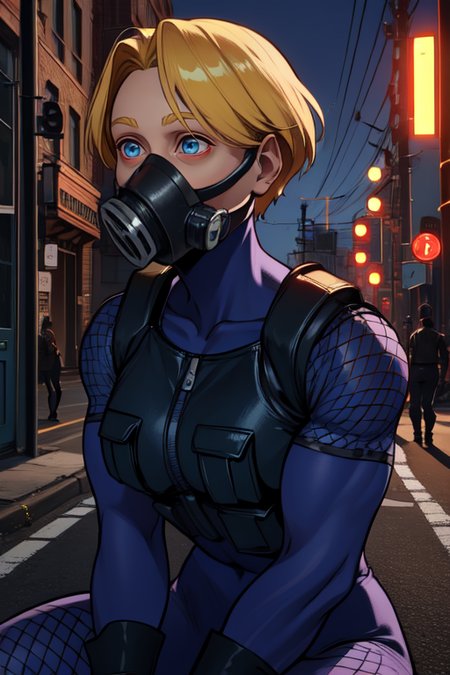 DoctrineDark,blonde hair,blue eyes,muscular,short hair,  shooked,
DDArmor, armor,gas mask,fingerless gloves,bodysuit, swat vest,,fishnets,
night,  standing, upper body,  solo,  sitting,  street, 
(insanely detailed, beautiful detailed face, masterpiece, best quality)
<lora:DoctrineDark:0.8>