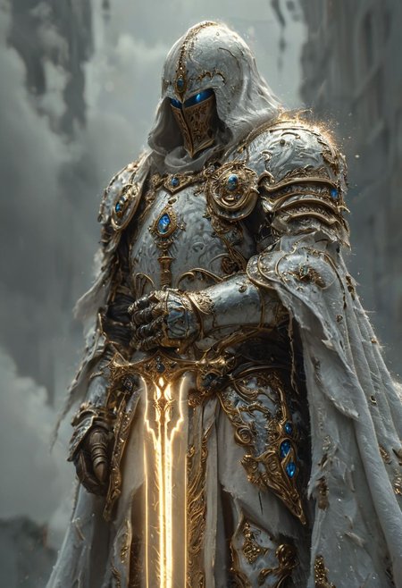 A stunning, highly detailed dark fantasy full body illustration of a proud angelical warrior wearing intricate medieval white HKStyle armor and an epic white ornamented mask, holding a great golden glowing sword, golden and blue glooming eyes, very wide shoulders, wearing big gauntlets, epic composition. The warrior stands heroic with a flowing cloak and white hood during a storm with foggy gloom, thunderclouds in the background . The scene depicts him with brooding emotional agony , style by Greg Rutkowski, by Milo Manara and Russ Mills, with insanely intricate details and textures, gloomy dramatic lighting, 8K resolution