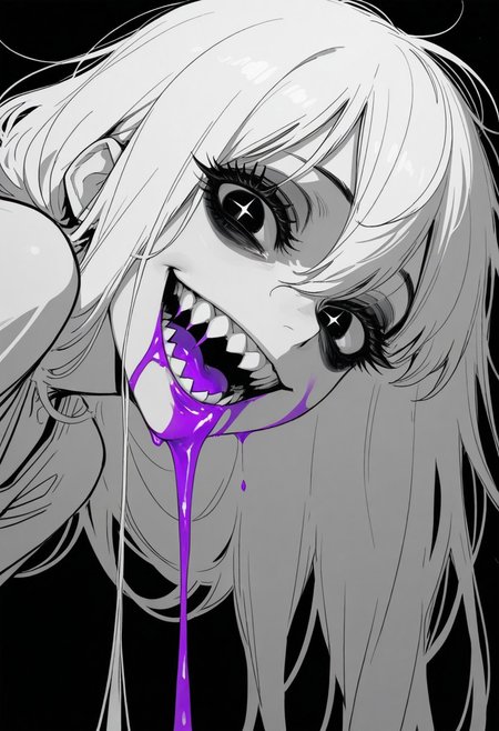 tfaix
black eyes, bags under eyes,    
big eyes,  (black eyeshadow:0.8),  thick eyelashes, 
from side, monochrome, greyscale, simple background, black background, 
looking at viewer, looking down, (wild, crazy smile:1.2), solo, 1girl, close-up, perspective, (sharp teeth:1.2), purple liquid on mouth, purple liquid on face, half-closed eyes, + +,   black eyeliner, white hair,
masterpiece, best quality, amazing quality,
dark messy sketch, messy lineart, unfinished,
(horror \(theme\),:1.2)