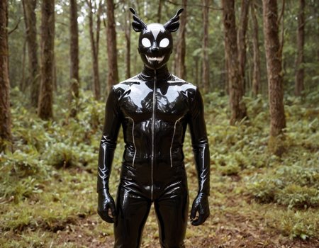 a hybrid human galago animal wearing a latex costume, in a forest where the trees have latex trunks