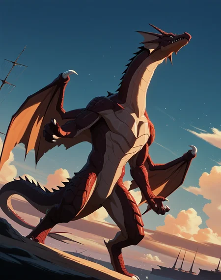8K, In'ei, chiaroscuro, volumetric lighting, perfect depth of field shot, masterpiece, beautiful, sharp focus, crisp details, masterclass animation, source_anime, source_furry, furry_art, bara, kemono,
<lora:Pirate_Dragon_(Monster_Rancher)_(Illustrious)_(AD):1> Pirate_Dragon, Monster Rancher, dragon, 
exterior, blue green gradient sky with clouds, 
dynamic action, bent leg, dutch angle, cowboy shot, 
wings, glossy red skin, dragon scaled skin, 
EZRealPONYXL, zPDXL, Smooth Quality, lazynsfw,