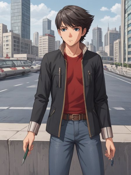 1boy, solo, ethantokiohollo, black hair, swept bangs, blue eyes, jacket, long sleeves, open jacket, popped collar, red shirt, long sleeves, brown belt, jeans, holding, pen, outdoors, city, serious, cowboy shot,