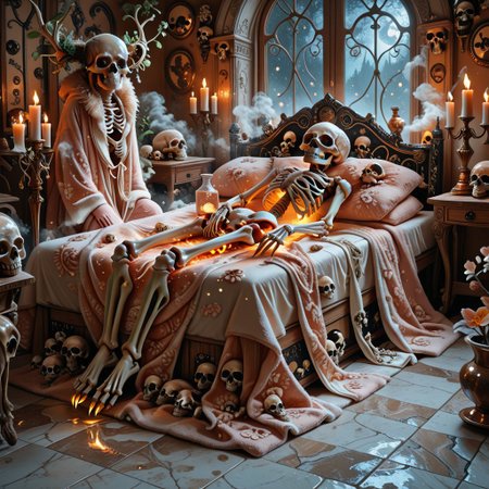 cf_style, skullthemeXL, cozy light, soft ambient glow, humorous surrealism, cartoon realism, stylized textures,
(3 relaxed cats), each lying on massage beds shaped from stacked ribcages and spine columns, covered in fluffy towels.  
(2 skeletal masseuses) with golden claws gently massaging their backs, wearing soft spa robes.  
Background is a warm-lit spa room decorated with hanging skull planters and bone candleholders.  
Steam in the air forms whimsical skull patterns, gentle shadows cast on bone-tiled floor. Warm pastel tones and smooth surfaces.