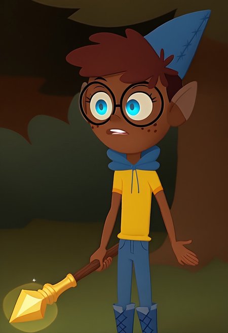 score_9, score_8_up, score_7_up, solo, 1girl, black glasses, reddish-brown hair, blue eyes, brown skin, freckles, , tiny_breast, outdoors, forest background, yellow wizard outfit,  holding magic staff, , perfect hands, glowing eyes, messy, blue cap, blue cloke,  dark blue jeans, and blue boots with brown trim , show accurate, perfect hands, perfect anatomy,
