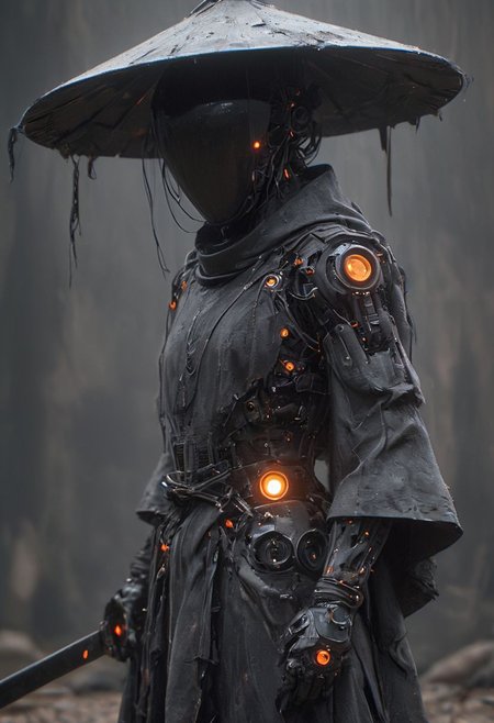 Craft a captivating vibrant dark black-neon caption for a photo capturing the essence of a cyborg Bedouin sorcerer in fight stance, defying expectations by conjuring a whimsical robot 'freak' from an oversized sedge  hat. ethereal, smoky backdrop. throwing a translucent orange/tanslucent purple/black katana,
 very detailed, atmospheric haze, Film grain, cinematic film still, shallow depth of field, highly detailed, high budget, cinemascope, moody, epic, OverallDetail, gorgeous, 2000s vintage RAW photo, photorealistic, candid camera, color graded cinematic, eye catchlights, atmospheric lighting, skin pores, imperfections, natural, shallow dof