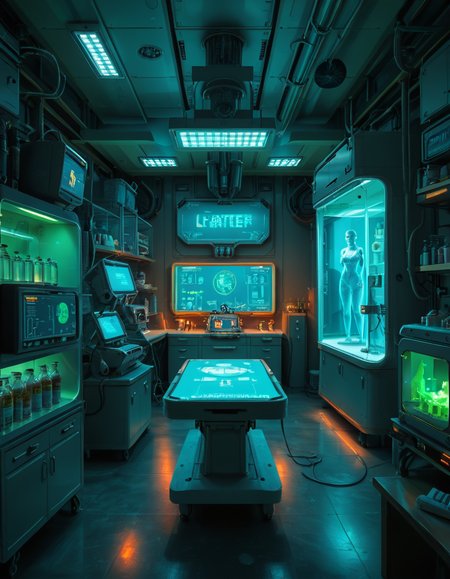 "A hyperrealistic scene of Gordon Freeman in his HEV suit eating lasagna at a retro 90s kitchen table, surrounded by domesticated headcrabs acting like pets, a Vortigaunt washing dishes in an apron, cinematic lighting, absurdity meets realism, surreal textures, intricate kitchen details, nostalgic yet eerie ambiance." A woman scientist standing confidently in front of a futuristic laboratory,futuristic l4b0r4t0ry, filled with advanced technology and glowing screens. She is wearing a sleek, high-tech lab coat with metallic accents Her posture is upright, holding a digital tablet in one hand and gesturing towards a large containment chamber with the other. Inside the chamber, faint outlines of humanoid figures are visible, suggesting the development of super soldiers. The laboratory is illuminated by soft neon lights in shades of blue and green, with detailed machinery, robotic arms, and vials of glowing substances scattered across workstations. The atmosphere is futuristic, clean, and high-tech, with a sense of intense innovation and ambition.<lora:SDXLFaeTastic2400:0.4> <lora:extremely_detailed:0.4> extremely detailed <lora:futuristic_l4b0r4t0ry:1>, Masterpiece,best quality,hi res,8k,hi res,8k,award winning,(sharp focus, intricate, highly detailed),