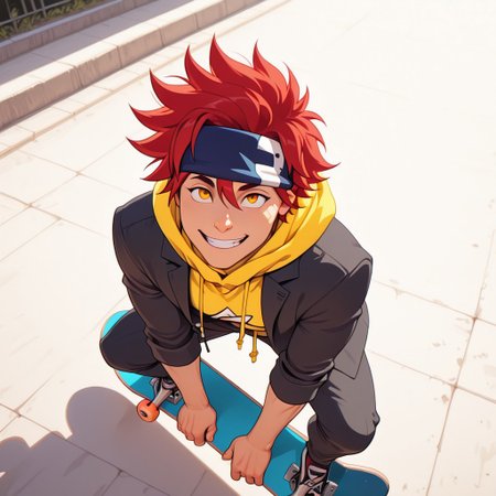 embedding:lazypos, ExpresHGothicNeonIncase, Masterpiece, Best Quality, male focus, score_9, score_8_up, score_7_up, solo,  dynamic angle,( volumetric lighting:1.1), 
BREAK, 
1boy, Reki Kyan, amber eyes, red hair, headband, full body, fit body, athletic, pecs, broad shoulders, black jacket over a yellow hoodie, black pants, handstand on 1 hand, 1 hand holding skateboard, skateboard,
BREAK,
at day, outside, view from above, high angle, smiling, beaming smile