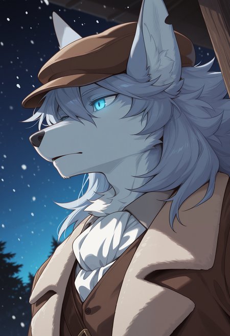 masterpiece,best quality,amazing quality, 1boy, solo, p4tx1, furry, blue eyes, glowing eyes, brown hat, brown jacket, collared shirt, close up, side angle, outdoors, night, snowing, male focus,