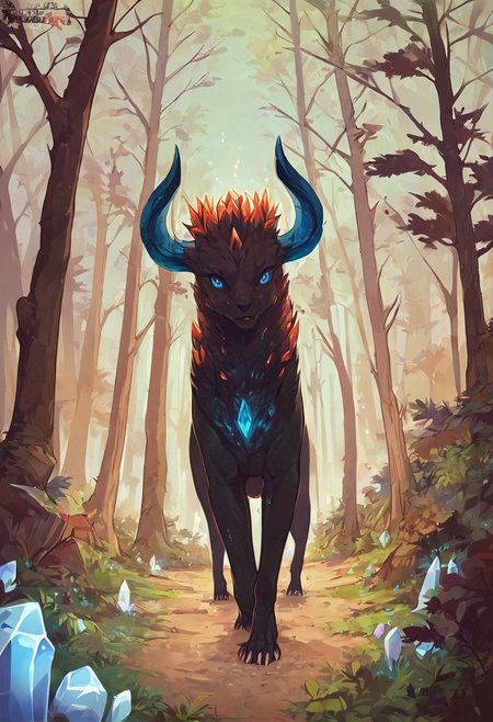 score_9, score_8_up, score_7_up, score_6_up, lineart, cold tones, from front, sidelighting, full body, 
solo, woman, blue, patrolling the forest, 
attractive, forest monster, female, nymph, slim body, blue eyes, black fur, claws, crystal horns, feral jaw,
outdoor, forest, night,
