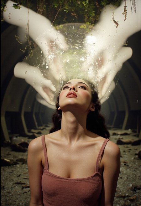 Dreamlike scene involving a woman in a state of contemplation. It combines elements of reality and lost memories. dynamic_pos3