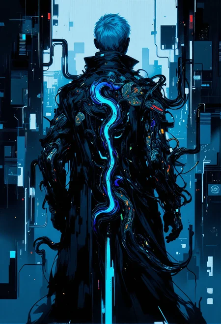 high detail, lots of detailed details, masterpiece, rich image, perfect shadow, stylish, modern, high-definition, cyberpunk, science fiction. The image is a digital illustration in style cyberpunk. The subject is a figure from behind, depicted in a futuristic, sci-fi aesthetic. The picture shows a man wearing a high-tech long coat with separated coattails and neon lights that shimmer with bright blue shades. The coat is decorated with an elegant dragon pattern and a high collar. The character's hair resembles an undercut haircut, that is painted white. Her hair is decorated with intricate glowing patterns that emphasize the cyberpunk theme. The skin of the figure is partially cybernetic, with visible glowing pulsating veins and electrical circuits, especially on the back, running along the spine. The implant is clearly visible on his back. Segmented spine with blue indicators on each individual vertebra. Each segment is covered with metal plastic with aggressive angular edges. The implanted spine sends a multitude of nerves and veins through the body that give off a blue glow, suggesting advanced cybernetic integration or a merger of biotechnologies. The background is mirrored skyscrapers and holograms.   <lora:digital-abyss:0.5> ,  <lora:bo-cyborgsplash:0.7> ,  <lora:ck-nc-pastel-cyberpunk:0.5> ,  <lora:Blade Runner style v1:0.7> Blade Runner style,  <lora:FLUX-daubrez-DB4RZ-v2:0.85> ,  <lora:Neon_Cyberpunk_Splash_Art_FLUX:0.8> ,  <lora:psycho_art:0.75> pscho_4rt, surreal, abstract, glitch