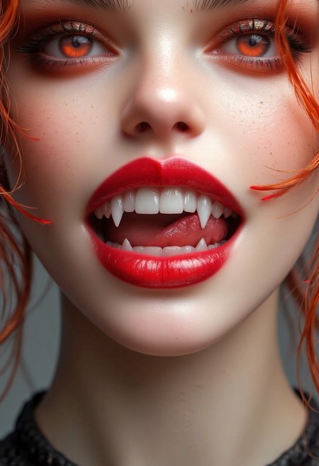 Midjourney_Whisper,A close-up of a woman. She has deep orange eyes and black sclera. She has detailed skin and a very long demonic tongue. orange hair. Her tongue is long and forked like a snake. Her tongue is curly and are touching her plump lips, lip filler, vibrant red blood flowers  symbolizing beauty and growth. big lips, bimbo lips, The flowers are red like blood blending harmoniously with the natural lip color. Vampire teeth, vampire fangs, long fangs. The scene is highly detailed, with a focus on the soft texture of the lips and the rich. The background is softly blurred, drawing attention to the blooming effect around the lips.