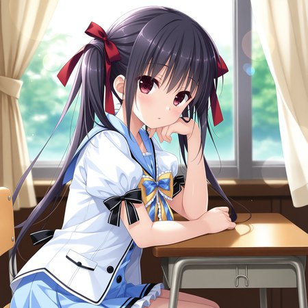 <lora:Kumari_Kotobuki_1_nai-000045:1>,Kumari Kotobuki,twintails,hair ribbon,red ribbon,
school uniform,blue skirt,pleated skirt,miniskirt,blue bowtie,yellow bowtie,frilled bowtie,sleeve bow,black bow,frilled skirt,blue sailor collar,blue shirt,white jacket,puffy short sleeves,
BREAK
1girl,solo,looking at viewer,sitting,from side,arm support,on chair,desk,indoors,window,curtains,day,arm on table,depth of field,lens_flare,