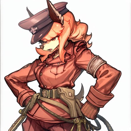 score_9,score_8,score_7,source_furry,
<solo:1.5>,
<1girl:1.5>,
flam_kish, dog girl, flam_fuga, red hair, 
official style, official art,
( art by fisticuffs club ) ,,
flam_kish_fuga, flam_kish, flam_fuga, dog girl, official art, official style, 1girl, solo, hat, hand on hip, gloves, uniform, horns, belt, furry, long hair, white background, military, gun, military uniform, pouch, furry female, open mouth, simple background, buttons, military hat, armband, long sleeves, weapon, orange hair, peaked cap, animal ears,
 <lora:Flam_Kish_Fuga:1> flam_kish