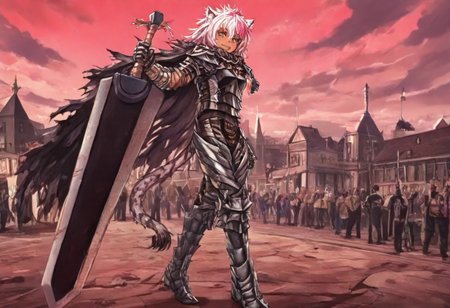 masterpiece, very aesthetic, anime screenshot, 1girl, Pink_PonyXL, DragonSlayerSword-Il.V1.0, white tiger striped armor, white tiger striped shoulder armor, gauntlets, greaves, bandaged arm, white tiger striped cape, torn cape, bright pink hair, cat ears, scar on nose, cat bell around neck, tanned, white tiger tail, small breasts, femine body, smiling, making a cute cat face, single fanged tooth showing, standing, looking at viewer, side view, wielding-dragonslayer, huge weapon, sword, holding sword, holding weapon, full body, zoomed in on pink_ponyxl, Dutch angle, cowboy shot 
Break
City square, bright and sunny, happy adoring crowd,