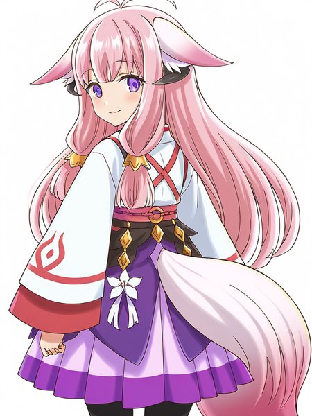 score_9, score_8_up, score_7_up,  
1girl, hina rf, long hair, pink hair, purple eyes, low-tied sidelocks, horns, fox ears, fox tail, 
standing, white background, from behind, looking back, looking at viewer, smile, 
japanese clothes, white shirt, long sleeves, purple skirt, pantyhose, solo,
