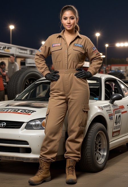 (medium full shot) of (burly mechanic) young woman, mexican, brown eyes, medium skin tone, ebony skin, brown eyes, full-figured build, extra long hazel bun hair,  wearing a brown coverall,cargo pants,heavy-duty sneakers, gloves, dirty with oil and grease, set in  Pit Stop, open area with a race car on a lift, tool chests on wheels, spare tires stacked nearby, fuel cans lined up, a computer for tracking lap times, a board with the race schedule, at night, woman smiling at the viewer, Masterpiece,best quality, photorealistic, amazing quality, very aesthetic, extremely detailed face,