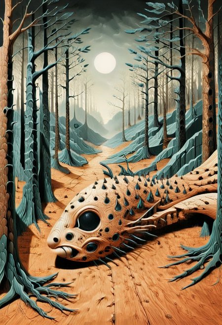 morphing into gnarled tree roots, bark textures growing, forest shadows surrounding, primal fear or transformation, dark fairytale horror aesthetic, storybook surrealism, pines and needles, pines, needles, an untamed masterpiece waiting to sprout