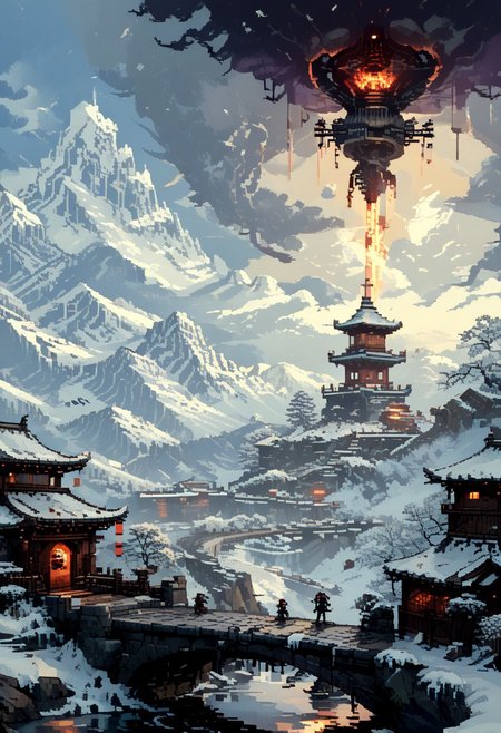score_9, score_8_up, score_7_up, yamer_pixel_fusion, pixel art, 
A Chinese dragon wrapped around The summit of a snowy mountain, reached only by the most devoted. A stone platform overlooks the world below, where rituals are held to call upon the power of the wind and sky, surrounded by towering ice spires., 
in the style of a vintage, high-contrast setting, dark and mysterious atmosphere. Resplendent spotlighting, Emphasize theatrical elements with bursts of bright colors against dark, moody backgrounds
, retro futuristic, atompunk, hyper-detailed, scifi, lofi, d3p1x3l, pixel art