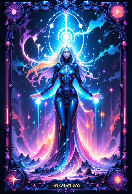 "A stylized Tarot card named 'The Digital Enchantress,' showcasing a mystical figure weaving spells from strands of glowing, holographic light. The Enchantress is draped in a gown of flowing, iridescent fabric that changes color with every movement, reflecting the vibrant hues of the digital realm around her. Her hands manipulate streams of light and energy, forming intricate, glowing symbols in the air. The backdrop is a surreal fusion of abstract, digital landscapes and swirling, neon clouds, creating a sense of magical power and technological mastery. The cardas border is adorned with delicate, floral designs intertwined with sleek, futuristic elements, all glowing softly in shades of blue and violet."
<lora:abstract_render_flux:0.4>,<lora:Painted_World_Flux:0.8>,<lora:Dreamwave_FLUX:0.6>,<lora:dreamlands_flux:0.6>,