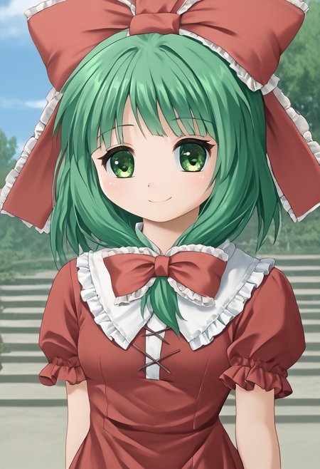score_4,score_5,score_6,score_7_up,score_8_up,score_9
((masterpiece,best quality,ultra detailed,highres,HD,4k:1.2)),
1 cute girl,solo,
kagiyama hina,green hair,green eyes,front ponytail, hair ribbon, dress, hair bow, frills, frilled ribbon, hair ribbon, red ribbon,hair bow,red dress, red bow,
smile,