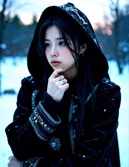 An over-the-shoulder shot focusing on her face, with the hood partially obscuring her features, adding a sense of mystery and intrigue.

"Photorealistic image of a woman wrapped in a detailed black cloak, adorned with silver jewelry and patterns, her dark hair slightly wet from the snow, and her blue eyes glowing with a quiet intensity.

Light snow gently resting on her hair, emphasizing the softness and detail of each strand, adding texture and realism. A soft, warm glow from a hidden light source, gently illuminating her face and adding contrast to the cold surroundings.

The woman stands with her head slightly bowed, her arms crossed and her fingers gently tapping her lips, lost in thought.






cinematic lighting, extremely intricate detail character, accurate depiction of character, correct body anatomy, correct hands and fingers, extremely intricate skin and facial skin texture detail, lifelike potrayal, extremely realistic lighting, extreme dynamic pose. Extremely sharp detail without blurring













