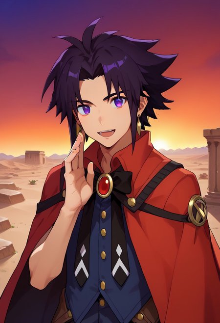 score_9, score_8_up, score_7_up, source_anime, solo,  looking at you, smile,open mouth, male focus, 1boy, ruins,desert,earrings,jewelry,revin,western cowboy,1boy,magician,Libya,spiked_hair,black_hair,purple eyes,smile,cape,<lora:revin_brenten:0.9>,<lora:fireemblem_ike_ponyXL:1>,<lora:WhisperingPOV_pdxl_Incrs_v1:1> whispering, hand up