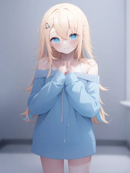 uncensored, score 9 up, score 8 up,
 <lora:deyui_Artist_Style_PonyXL:1>,blush, hair between eyes, virtual youtuber, multicolored hair, hairclip, long sleeves, bare shoulders, blue eyes, smile, 1girl, standing, looking at viewer,