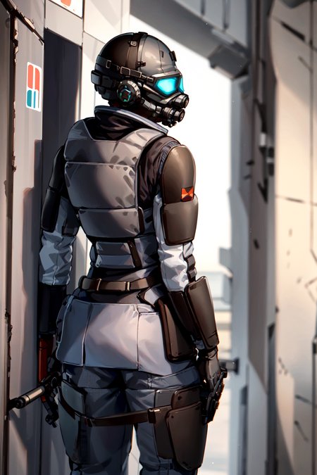 combine soldier, 1girl, solo, standing, helmet, faceless, gloves, looking at viewer, facing viewer, military, science fiction, russia, gas mask, shoulder armor, armor, bulletproof vest, from behind, baton \(weapon\), holding weapon,