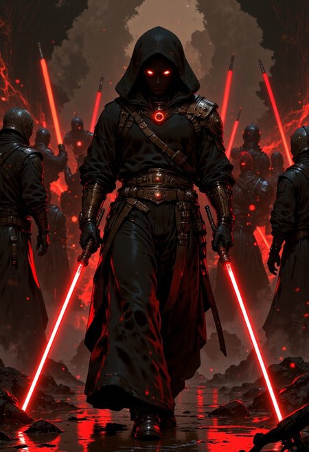photorealistic, film grain, candid camera, color graded cinematic, eye catchlights, atmospheric lighting, macro shot, natural, shallow dof, sith lord, sith warrior, sith outfit, hood, gold glowing eyes, dual wielding lightsabers, red lightsabers, walking towards viewer, battlefield, scary battered clothes.  High-res, semi realistic, best quality, intricate details, ultra details, good lighting, vibrant colors, very detailed, octane render, ray tracing. mythp0rt