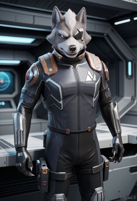 score_9, score_8_up, science fiction, exploration bodysuit, solo, Wolf o'donnell, in spaceship