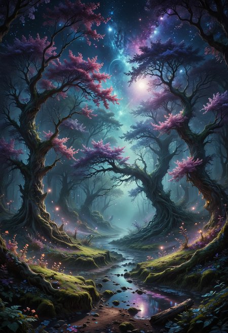 high quality, 8K Ultra HD, In "Celestial Dreamscape," the canvas bursts with ethereal colors that seem to defy the laws of nature, The sky is a mesmerizing blend of deep indigo and shimmering hues of violet, as though it holds secrets from distant galaxies, A cascade of celestial bodies, including otherworldly planets and iridescent moons, orbits in a cosmic dance, casting a soft glow upon the dreamlike landscape, The foreground reveals an enchanted forest, where trees are adorned with phosphorescent leaves that emit a gentle, soothing light. The trunks of these mystical trees twist and intertwine, creating archways that beckon viewers to explore the hidden realms beyond, Small, luminescent creatures flit between the branches, leaving trails of stardust in their wake, by VelvetS, high detailed,
<lora:add-detail-xl:0.35> <lora:MJ52:0.18> <lora:ral-anmwrlds-sdxl:0.3> ral-anmwrlds <lora:ral-porcelain:0.4> ral-porcelain <lora:ral-cltc:0.1> ral-cltc <lora:ral-dissolve:0.25> ral-dissolve <lora:zavy-mthcl-sdxl:0.2> <lora:SDXLFaeTastic2400:0.2>  <lora:WildcardX-XL-Detail-Enhancer:0.5>
