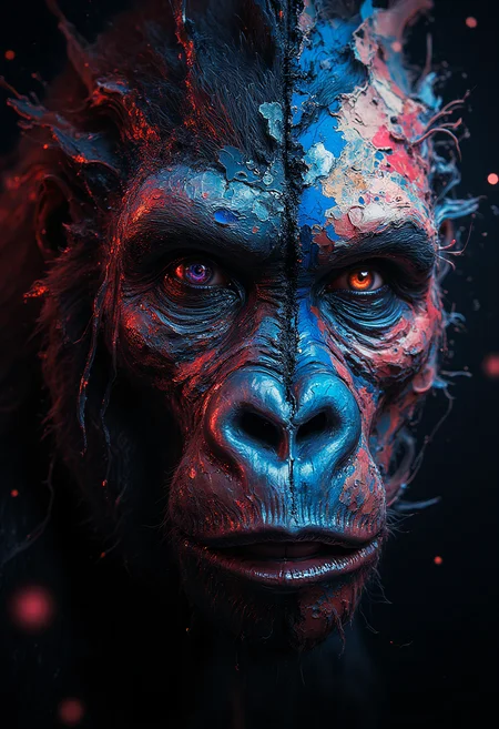 Impasto, Science Fiction, A closeup portrait of a Gorilla face symmetrically divided, one side is a realistic human, the other side is a robot face with high technology visible, variety if emotions, black background, glowing splash art background, vibrant glow, bokeh