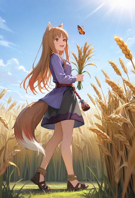 1girl,holo,holding plant,wheat field,wheat,sunlight,happy,from below,full body,walking,from side,sky,butterfly,
(masterpiece, best quality, very aesthetic),absurdres,aesthetic,detailed,beautiful color,amazing quality,realistic,<lora:Straw_thread:0.7>,<lora:breasts_size_slider_illustrious_goofy:0.5>,<lora:cutesexyrobutts_style_illustrious_goofy:0.5>,<lora:ponyv4_noob1_2_adamW:0.5>,