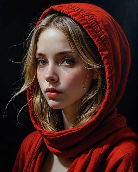 Drawing, full-length profile portrait of a girl, (Anna Dittmann), with wide hood, round face, loose hair, strands of hair covering the eyes and face, half-open lips, full lips, perfect and hyper-detailed light eyes, hair loose and messy red, wide felt hood on the back, wool scarf on the neck, earrings, black background, bright colors, sensuality, desire, side lighting, very high contrast, hard shadows, hyperrealistic, oil on canvas, strokes of painting with spatula, splashes