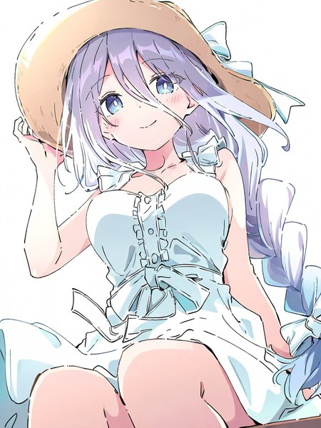 1girl,looking at viewer,smile,solo,,simple background,white background,cowboy shot,sitting,from below,hat,takamiya,breasts,<lora:takamiya-000010:1.2>, masterpiece, best quality, very aesthetic, absurdres,newest, incredibly absurdres,, ,(Ixy:0.6)),(hiten \(hitenkei\):0.7),