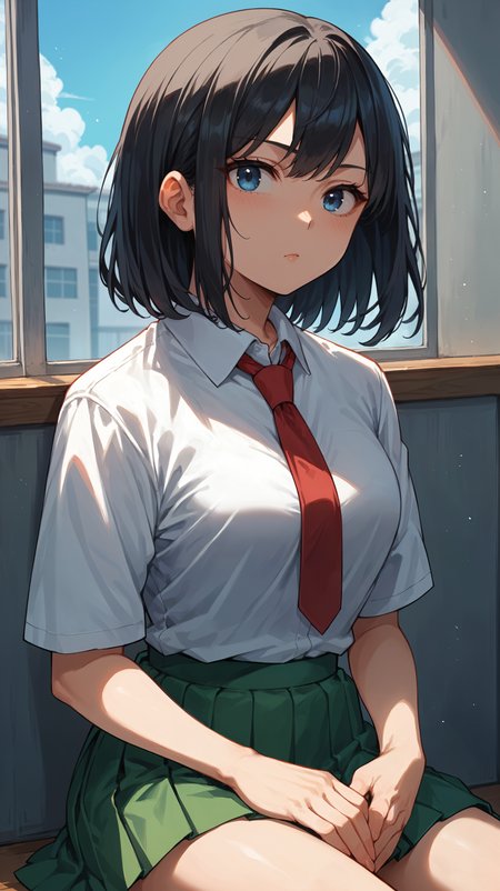 score_9,score_8_up,score_7_up,score_6_up, <lora:xl_more_art-full_v1:0.5>, source_anime, girl, dynamic pose, resting head on hands, <lora:Yui Kodai (Rule) - Pony-000004:0.8>, black hair, medium hair, blue eyes, school uniform, white shirt, red necktie, pleated skirt, green skirt, school,