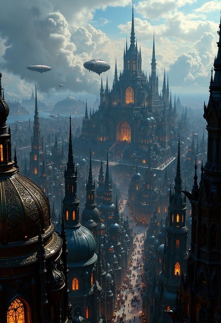 depicting a sprawling, fantastical cityscape with a steampunk aesthetic. The layout is a wide panoramic view showcasing a dense array of intricately designed buildings with pointed spires, domes, and elaborate architectural details. The structures are predominantly dark with hints of blue and bronze, creating a moody atmosphere. In the sky, several airships float among the clouds, adding to the steampunk theme. The city is bathed in a soft, diffused light, suggesting either dawn or dusk, with a warm glow emanating from windows and streetlights. Smoke rises from chimneys, contributing to the industrial feel. The foreground features a large, ornate dome with intricate patterns, while the background reveals a vast city stretching into the distance, with towering buildings silhouetted against the sky. The overall scene is rich in detail, evoking a sense of wonder and adventure.