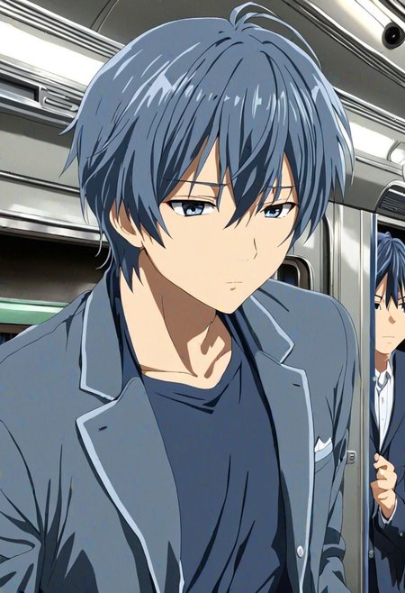 high resolution, solo, best quality, 1Boy, Tomoya Okazaki, Grey Blue Hair, train, inside train, OverallDetail