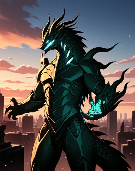 score_9, score_8_up, score_7_up,
8K, In'ei, chiaroscuro, cinematic side lighting, perfect depth of field shot, masterpiece, beautiful, sharp focus, crisp details,
<lora:Draglord_(Guyver)_(Illustrious)_(AD):1> Draglord, Guyver, dragon, 
exterior, science fiction, sky with anime clouds, summer, hot day, city skyline, 
dynamic action, bent leg, cowboy shot, 
green body, green skin, titanic, gigantic, kaiju, glowing eyes, 
BREAK Smooth Quality, IllusP0s, lazyhand, lazympos, lazynsfw,