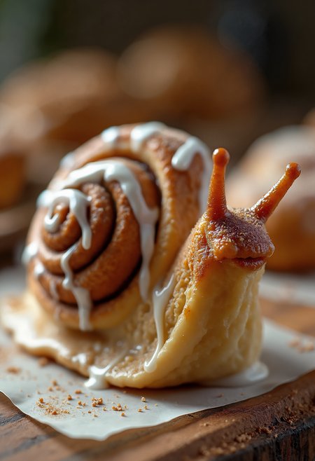 Close-up portrait of a smooth auntie anne's style doughy uncooked cinnamon roll hybrid snail made entirely of delicious gooey, sticky doughy cinnamon rolls, the shell is made of soft pillowy bread dough and is composed of a large, perfectly swirled cinnamon roll dough dripping with thick, glossy white drizzled icing, edges still raw dough with torn apart cinnamon roll texture, inside swirl is dark cinnamon filling, food photography syle photo, the snail's body formed from soft, doughy cinnamon bread, cinnamon sugar dusting the surface, the icing oozing down in thick, sweet drips, the snail's antennae made of twisted cinnamon dough, glistening with a sugary glaze, the skin of the snail is soft and warm, with swirls of cinnamon sugar embedded in the dough, doughy, unbaked, the edges of the cinnamon roll shell slightly caramelized, adding a rich golden-brown hue, the icing reflecting warm, natural light, giving the snail a glossy, delectable appearance, the scene set in a soft, blurred kitchen setting, with hints of freshly baked pastries in the background, the warm lighting emphasizing the gooey, moist textures of the cinnamon roll snail, tiny crumbs of cinnamon sugar scattered across the snail's path, the icing glistening as it slowly drips, the snail leaving a trail of sticky icing behind, an incredibly delicious and whimsical composition, the sweet aroma almost palpable, captured in a wildlife-style photograph.