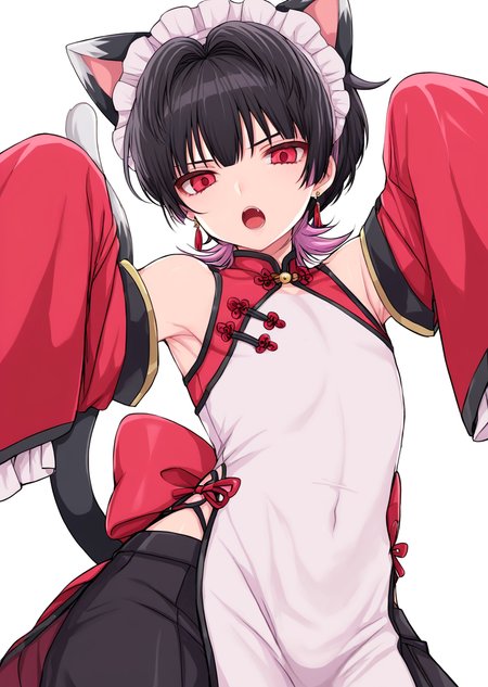 <lora:ShimizuAkina250208:1>,ShimizuAkina,OcBoy,1boy,animal ears,cat ears,black hair,tail,cat tail,male focus,solo,earrings,open mouth,jewelry,cat boy,maid headdress,looking at viewer,chinese clothes,sleeves past fingers,white background,red eyes,maid,sleeves past wrists,multicolored hair,simple background,long sleeves,detached sleeves,<lora:NOOB_vp1_detailer_by_volnovik_v1:1>,<lora:noobai_ep11_stabilizer_v0.138_fp16:1>,