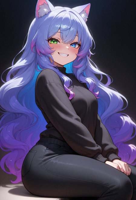 c0pi1ot,masterpiece,best quality,amazing quality,very aesthetic,high resolution,ultra-detailed,absurdres,1girl,dark background,1girl,blue eye,green eye,heterochromia,blue hair,purple hair,two-tone hair,gradient hair,very long curly hair,looking at viewer,covered body,naugty face,blush,evil grin,black sweater,black jeans,small breasts,sitting,from side,cat ears,<lora:MyTrainings\Temp\Slime_Girl_Copilot_Style_IL\Slime_Girl_Copilot_Style_IL_ARZUMATA.safetensors:0.6> <lora:SDXL_Pony_Correctors\Kojimbomber_Body weight slider 2_last.safetensors:3> <lora:SDXL_Pony_Correctors\Goofy_Ai_breasts_size_slider_pdxl_goofy.safetensors:1.0>