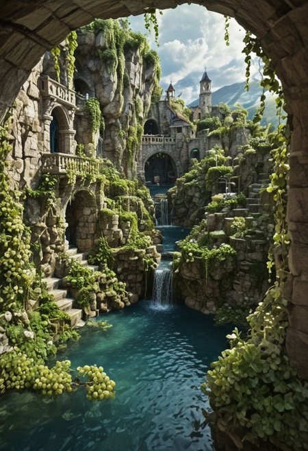 mixed media style, glazing, furry, abstract, surrealism. water, white grapes, ivy, flowers, gondola, northern lights, shonari, day, grotto, forged and stone sculptures in the landscape. layout, tilt-shift, interesting. three-dimensional 3D image, new artistic composition in the fantasy style, fairy tale, professional photo, convex, openwork, a lot of complex details, voluminous, multi-layered, beautiful, photorealistic, detailed. colored ink