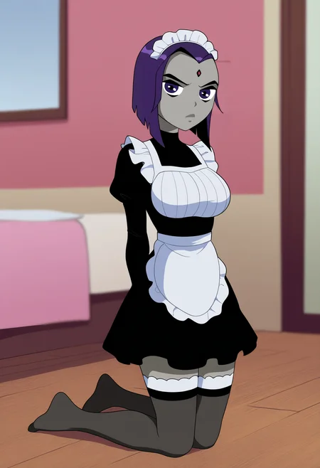 masterpiece, best quality, very aesthetic, absurdres,
1girl, rachelroth, purple hair, short hair, purple eyes, grey skin. forehead jewel,
large breasts, arms behind back,
maid outfit, kneeling on floor, stockings, looking at viewer, solo, indoors, bedroom background,     <lora:RavenTTNoobXL_byKonan:1>